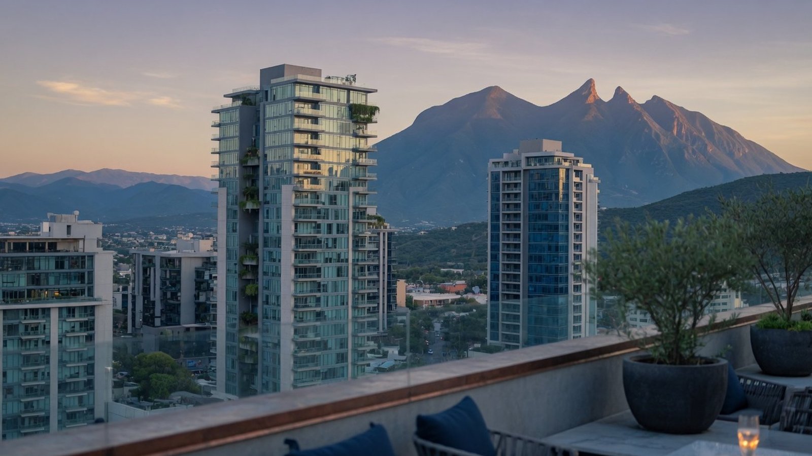 Interior de un departamento con vista a las montañas de Monterrey