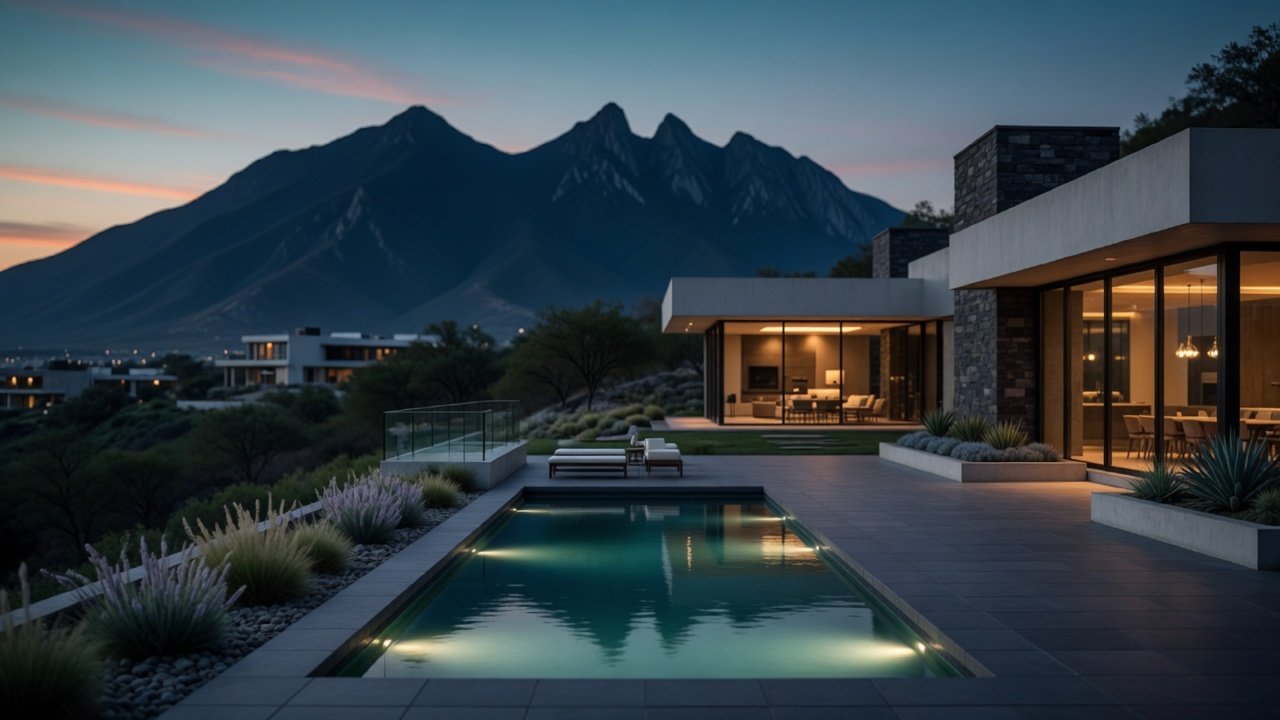 Casa moderna con alberca y vista a la sierra al anochecer