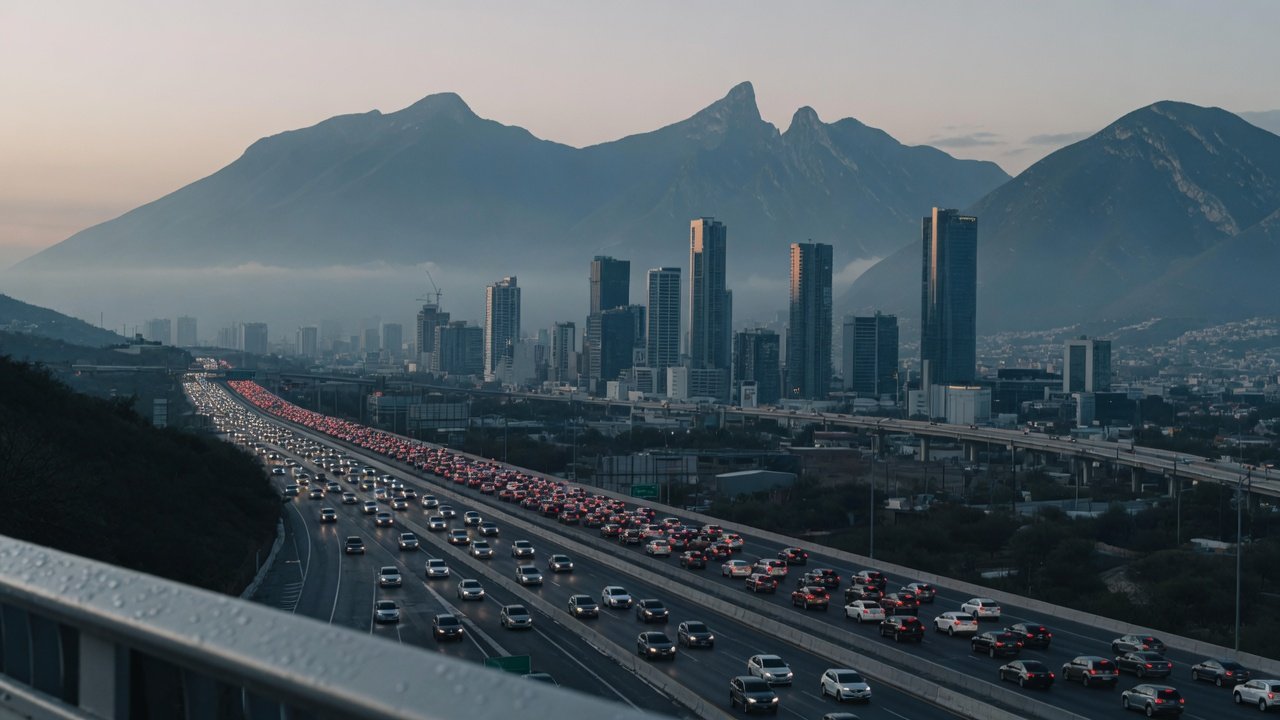 Congestión vehicular al amanecer rumbo al centro de Monterrey