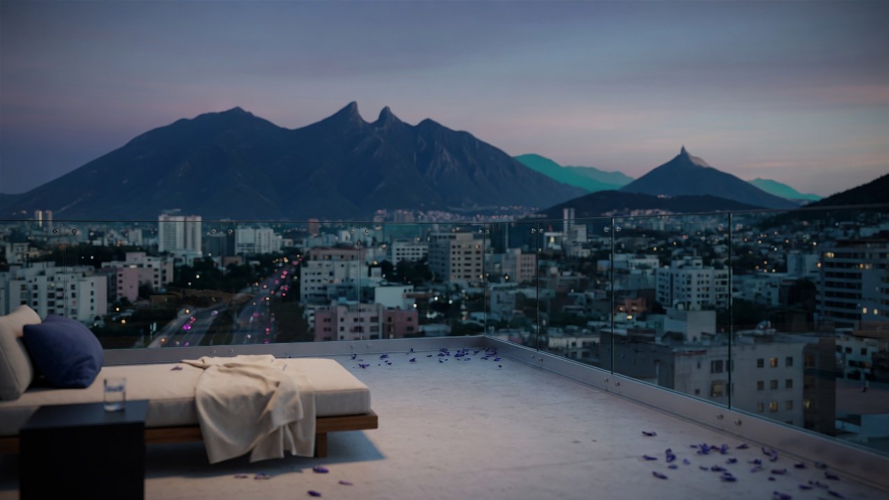 Terraza de un departamento con vista a la ciudad y a la Sierra Madre