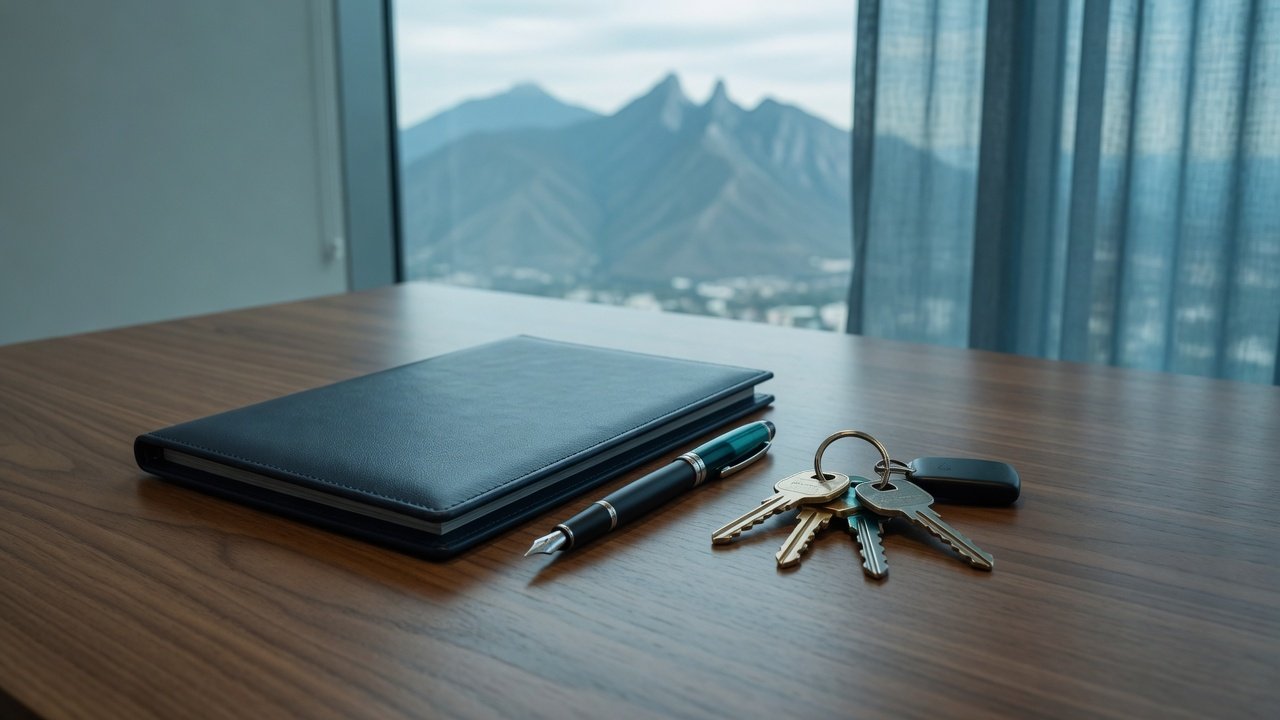 Carpeta de documentos, pluma y llaves sobre un escritorio
