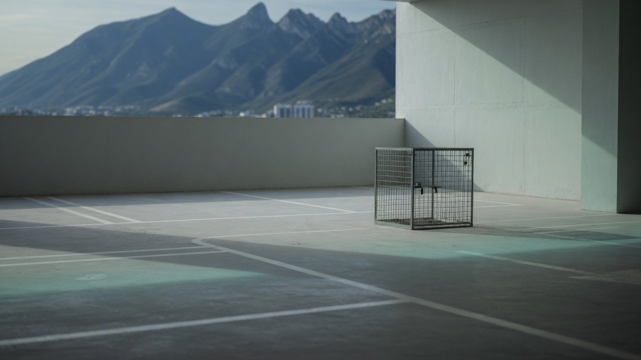 Estacionamiento residencial con una bodega enjaulada