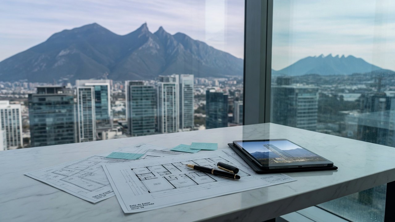 Planos y tableta sobre un escritorio con vista a la ciudad