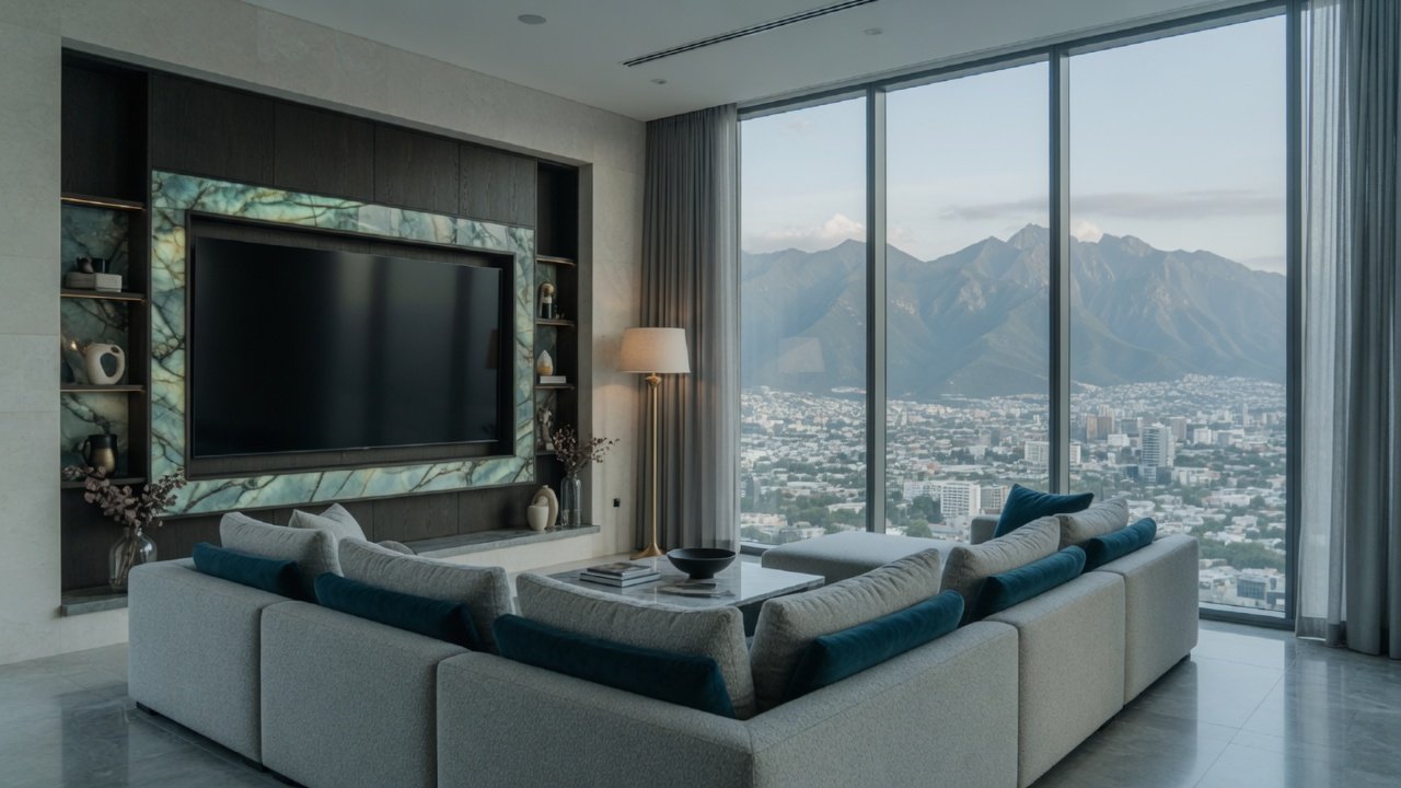Sala social de un edificio residencial con vista a la sierra