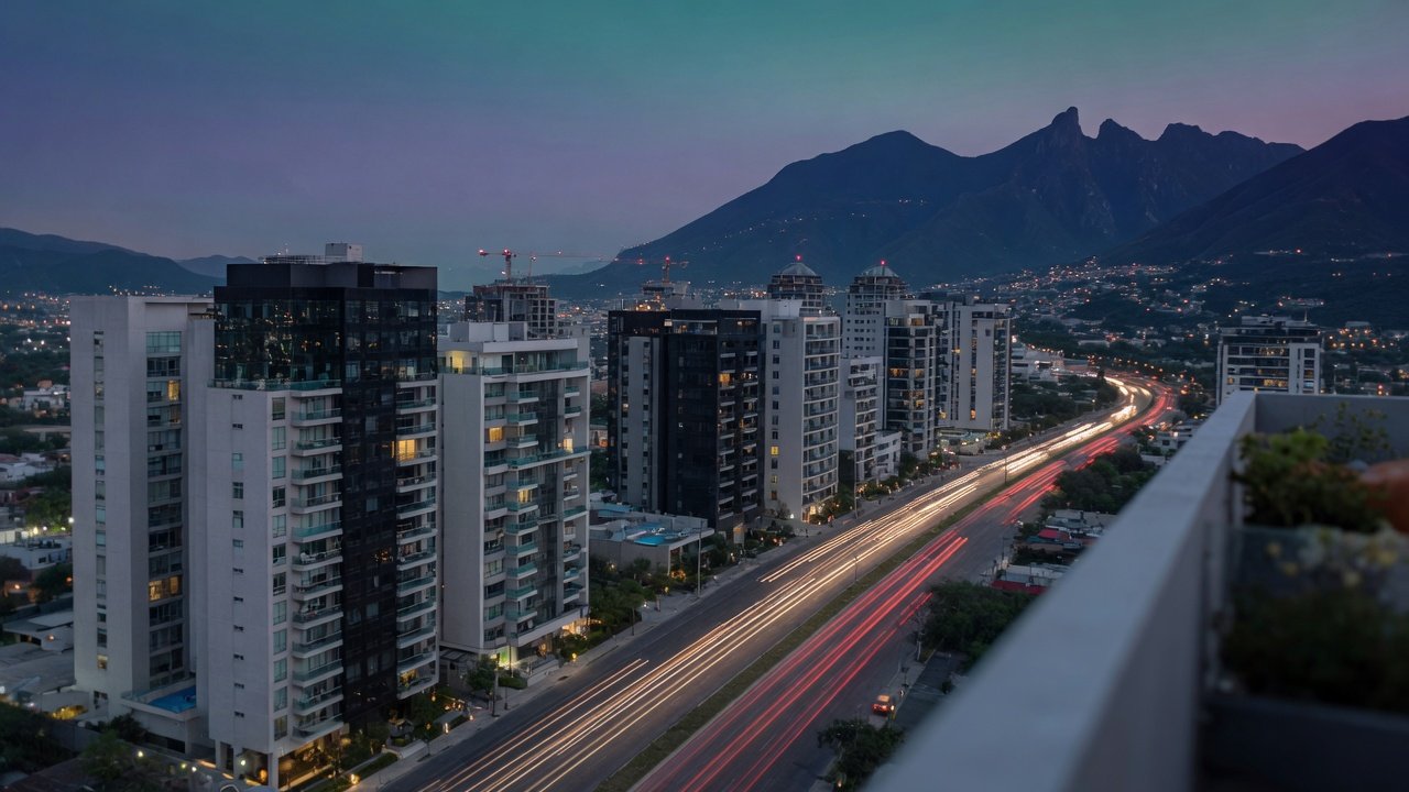 Avenida de Monterrey al atardecer con torres residenciales