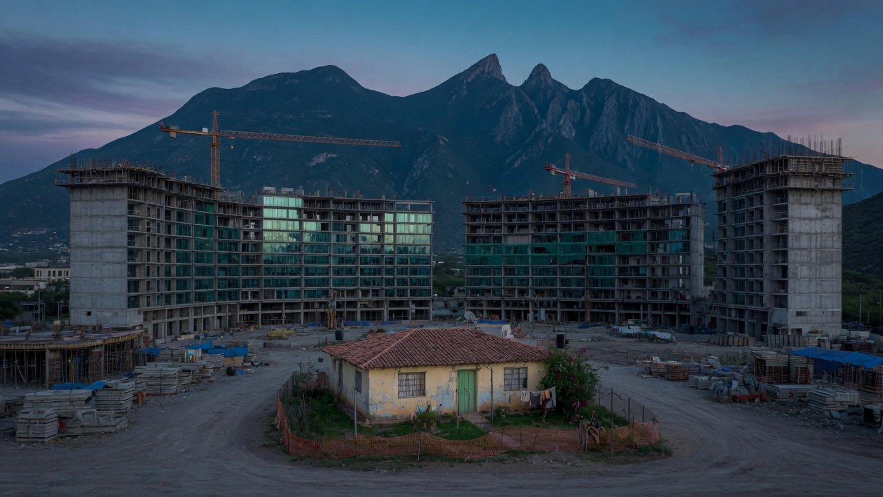 Torres en construcción rodeando una casa pequeña en el centro del terreno