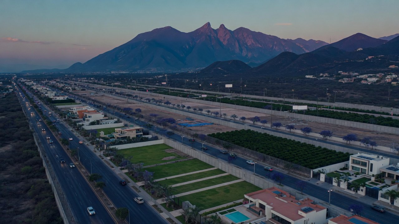 Vista aérea de predios largos y angostos paralelos a una avenida al atardecer