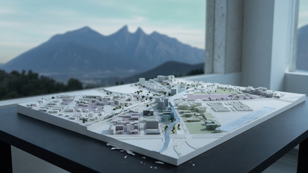 Maqueta urbana con zonas de distintos colores frente a la Sierra Madre