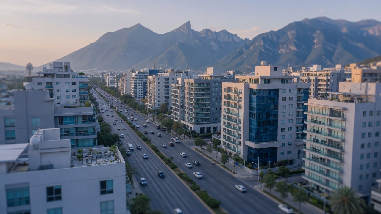 Avenida de Monterrey con edificios de departamentos y la sierra al fondo