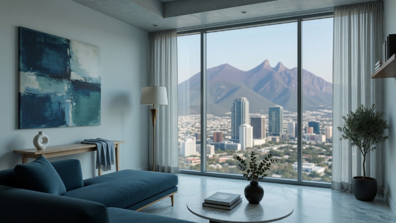 Sala de un departamento con vista a Monterrey y la sierra