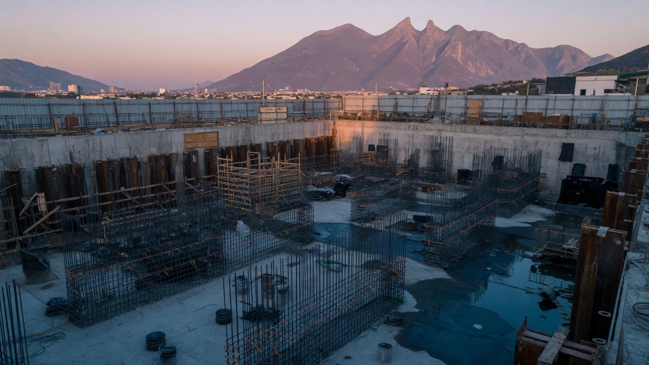 Cimentación profunda de un edificio con acero de refuerzo