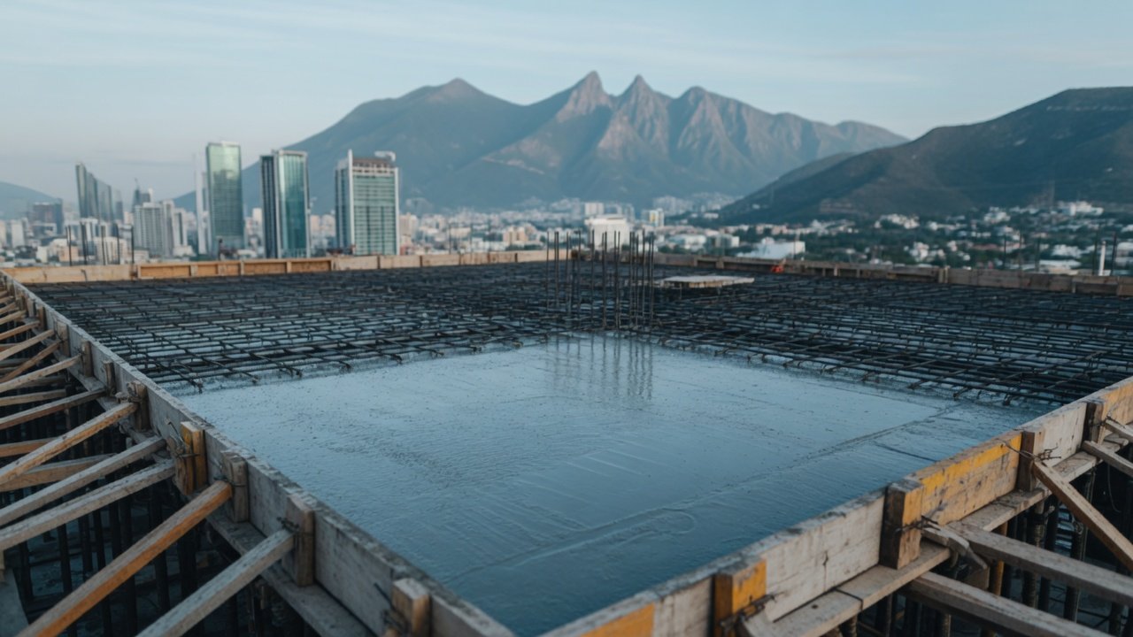Piso de concreto recién colado en un nivel de una torre en construcción