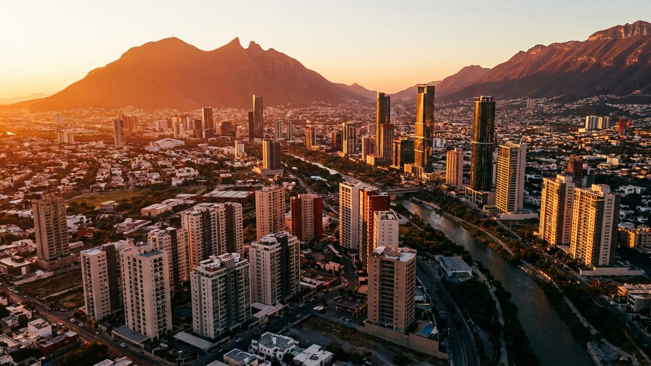Vista aérea de los edificios de Monterrey al amanecer con el Cerro de la Silla al fondo