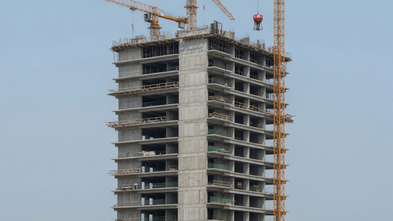 Torre residencial en construcción con grúas