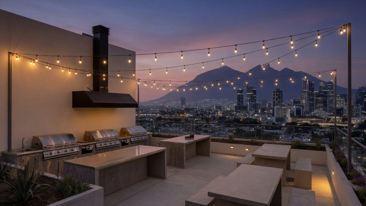 Terraza con asadores al atardecer