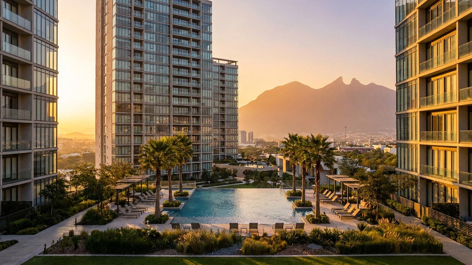 Interior de un departamento con vista a las montañas de Monterrey